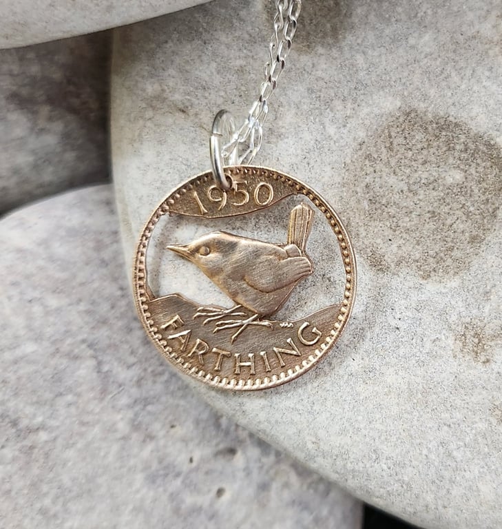 Upcycled bronze wren farthing coin pendant with sterling silver chain