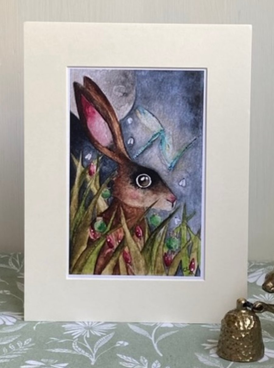 Mounted Print from my Original Hare Rabbit and Dragonflies in Moonlight Painting