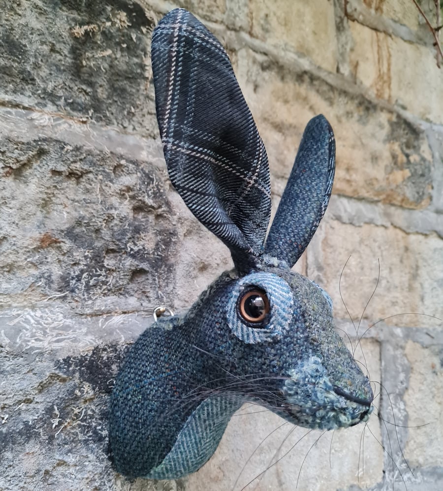 Faux hare head in turquoise and teal tweed by Crafted Creatures
