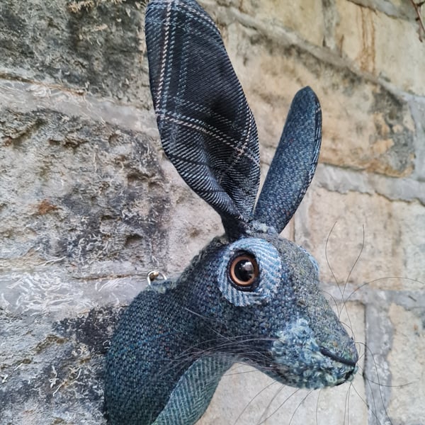 Faux hare head in turquoise and teal tweed by Crafted Creatures