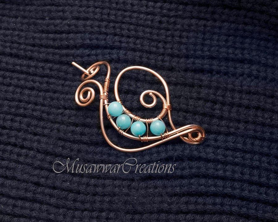Teal quartz shawl pin,copper wire scarf pin, sweater pin, swirl design shawl pin
