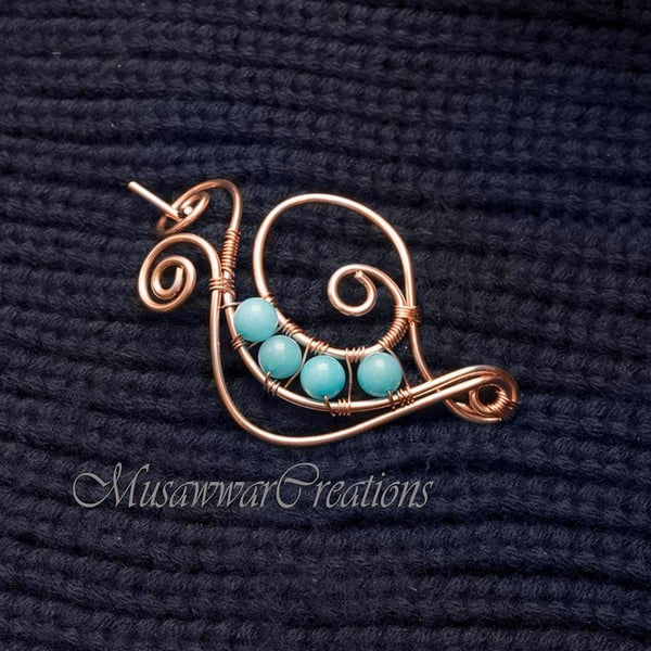 Teal quartz shawl pin,copper wire scarf pin, sweater pin, swirl design shawl pin