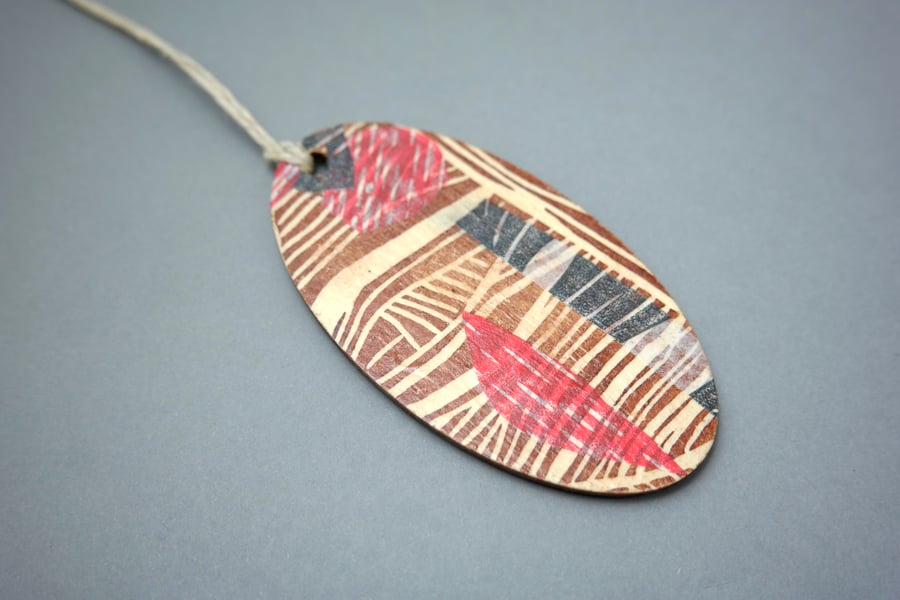 Abstract hand printed wooden hanging decoration 