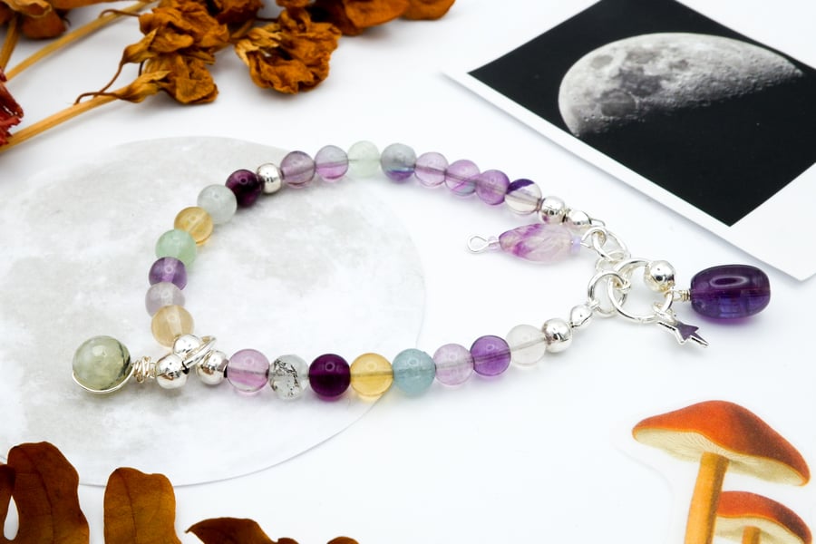 Sterling Silver Rainbow Fluorite Amethyst Gemstone Beaded Leaf Charm Bracelet 