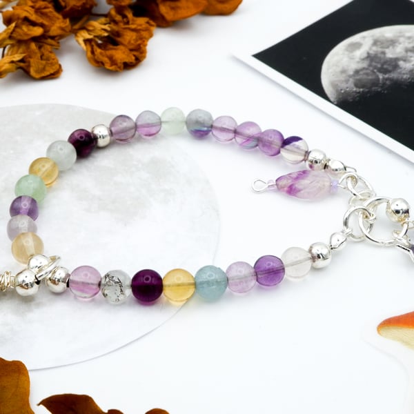 Sterling Silver Rainbow Fluorite Amethyst Gemstone Beaded Leaf Charm Bracelet 