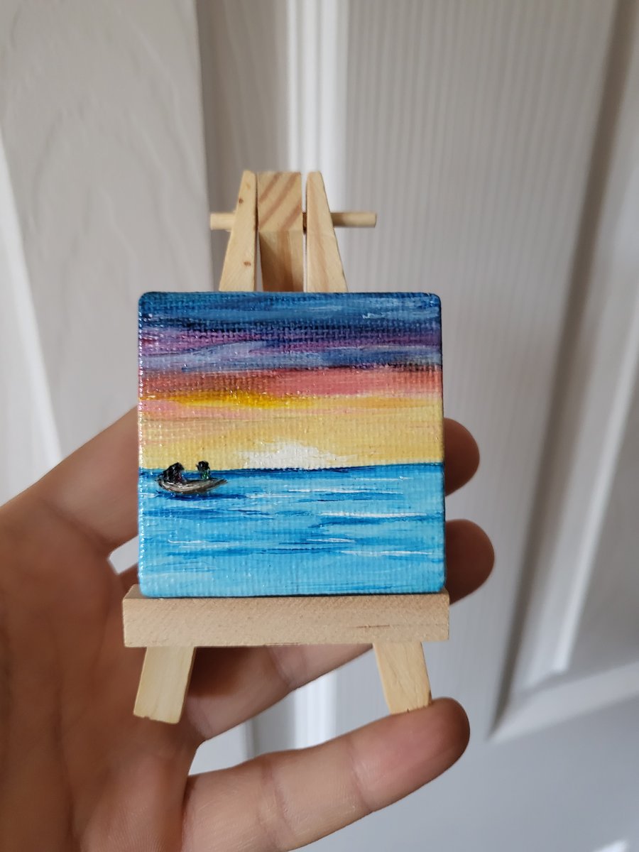Original mini canvas seascape painting ocean sunset boat