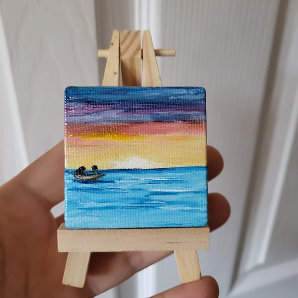 Original mini canvas seascape painting ocean sunset boat