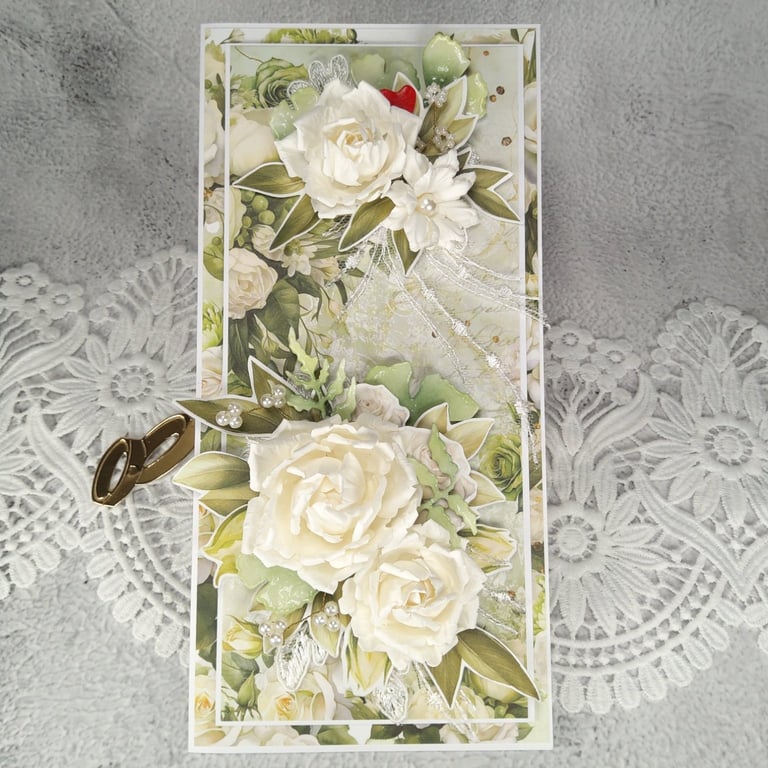 Luxury Handmade Wedding Card. Elegant 3D Floral Card in White Clear Lid Box.(I)