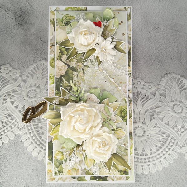Luxury Handmade Wedding Card. Elegant 3D Floral Card in White Clear Lid Box.(I)