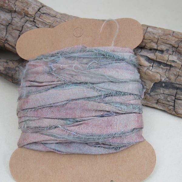4m Cochineal and Indigo Lilac Hand Dyed Natural Dye Sari Silk Ribbon