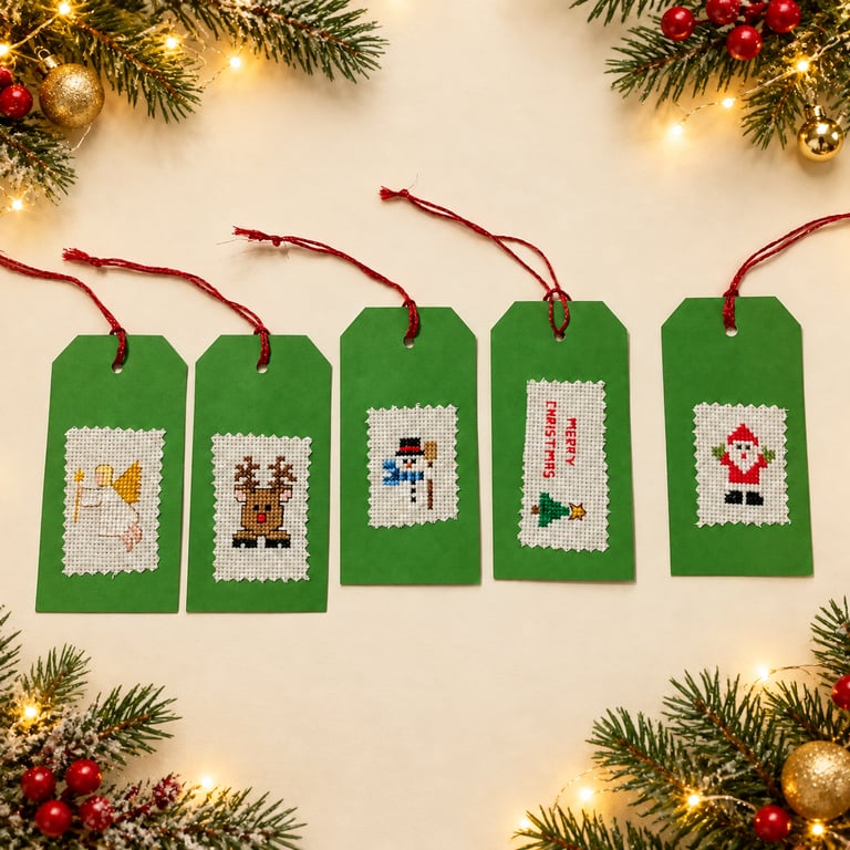 Five Large Handmade Cross-Stitch Christmas Gift Tags – Santa and Friends