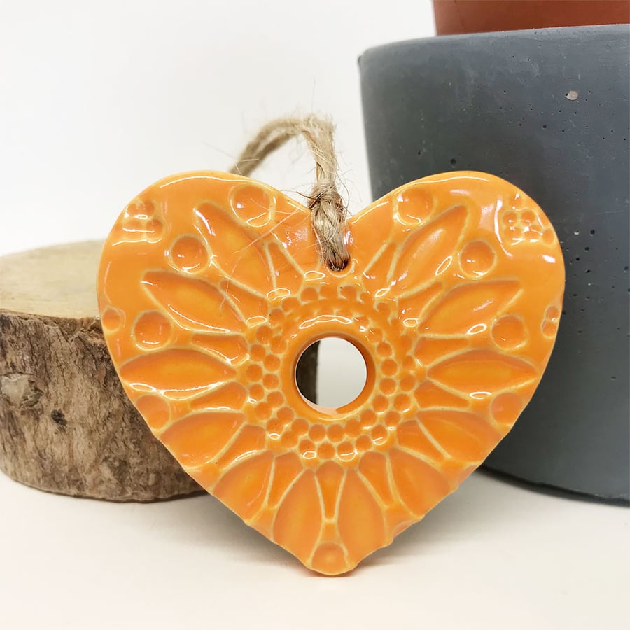 Small Ceramic heart hanging decoration Pottery Heart Folk art Orange