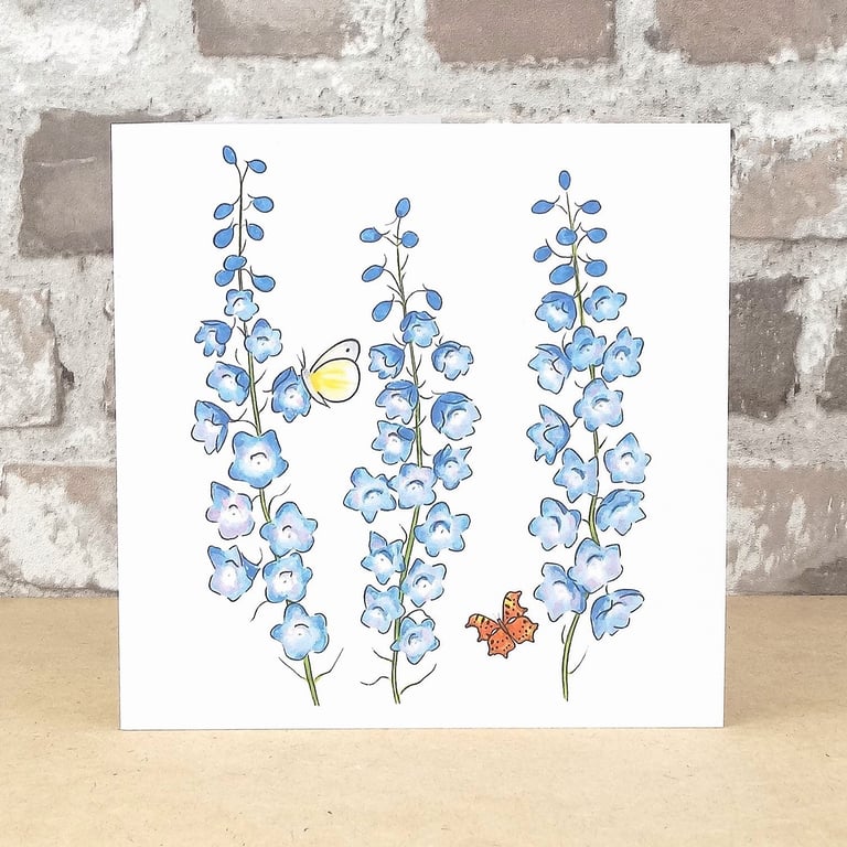 Floral Card Blank Delphinium and Butterflies