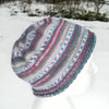 Handknit Beanie Hat 100% MERINO Stripey jacquard in purples, pastels & red