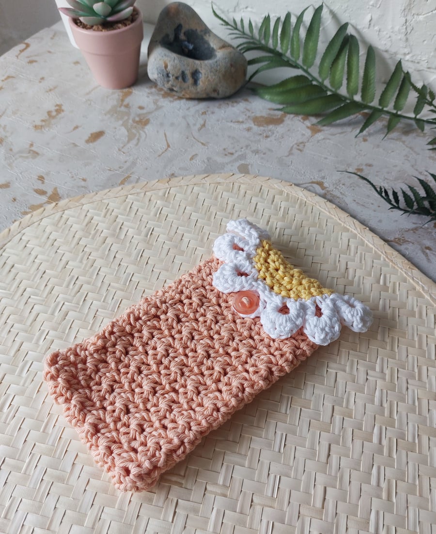 Crochet Cotton Daisy Glasses Case, Phone Case Peach