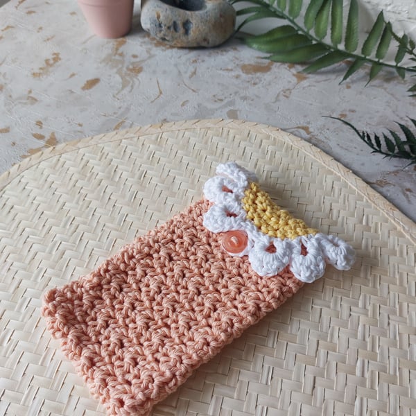 Crochet Cotton Daisy Glasses Case, Phone Case Peach