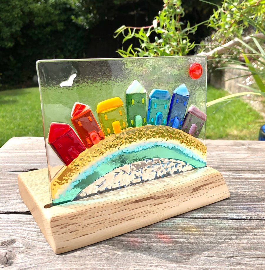 Fused Glass Rainbow Seaside Town set in Handcrafted Oak