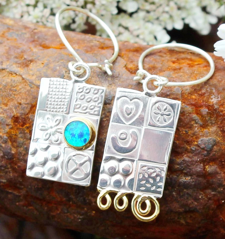 Handmade Blue Opal earrings, asymmetrical sterling silver with a gemstone choice