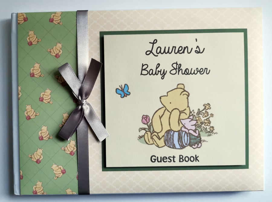 Classic Winnie the pooh sage green baby shower guest book, winnie birthday book