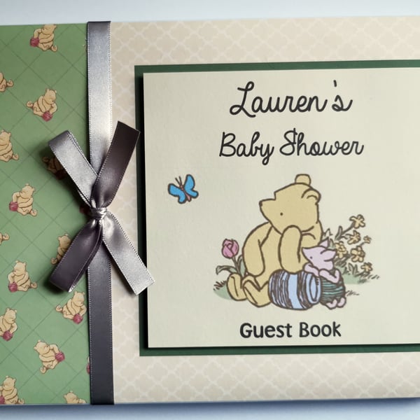 Classic Winnie the pooh sage green baby shower guest book, winnie birthday book