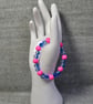 Pink Wooden Bead and Half-Coated Blue-Clear Crackle Glass Elastic Bracelet - Image 3