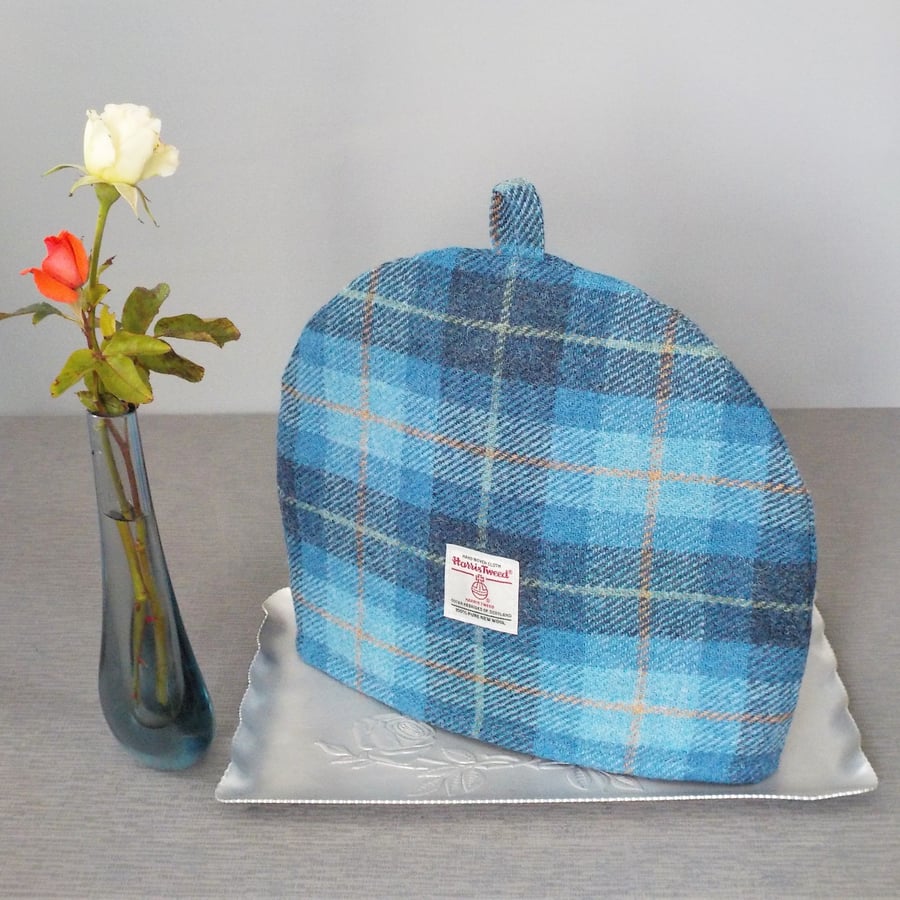 Harris Tweed tea cosy light blue and navy tartan fabric teapot cover