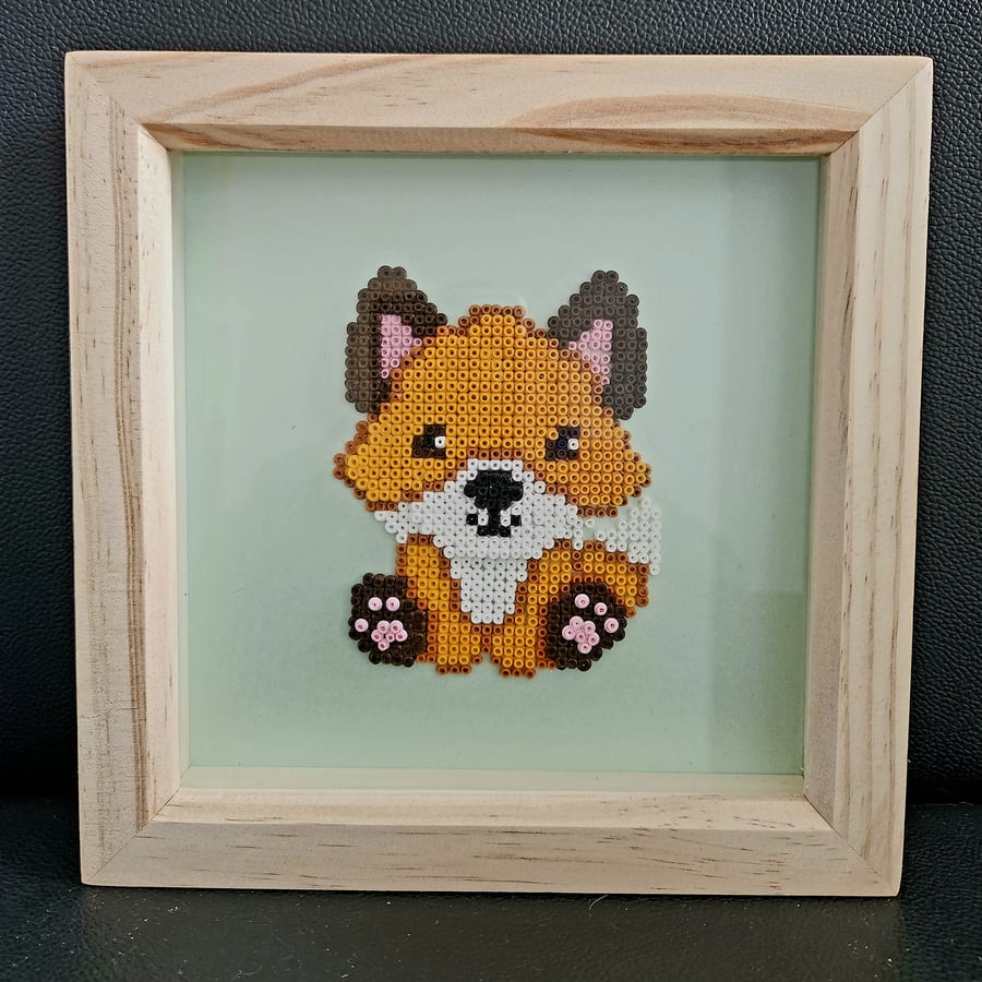 Box framed 3d cute fox made out of hama beads