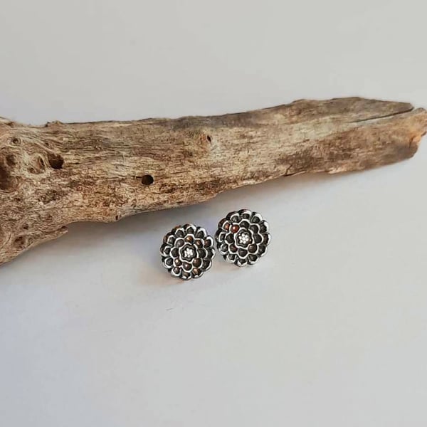 Silver Dahlia Flower Stud Earrings - Oxidised Fine Silver