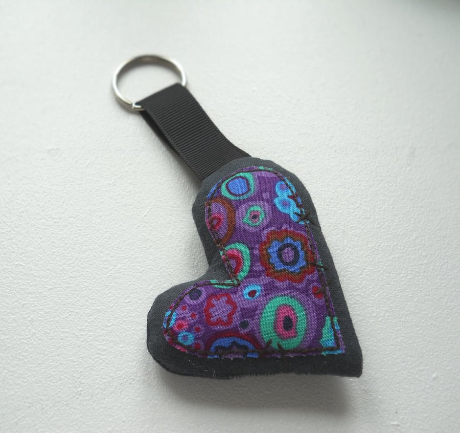 applique embroidered heart keyring key fob hanging decoration PURPLE