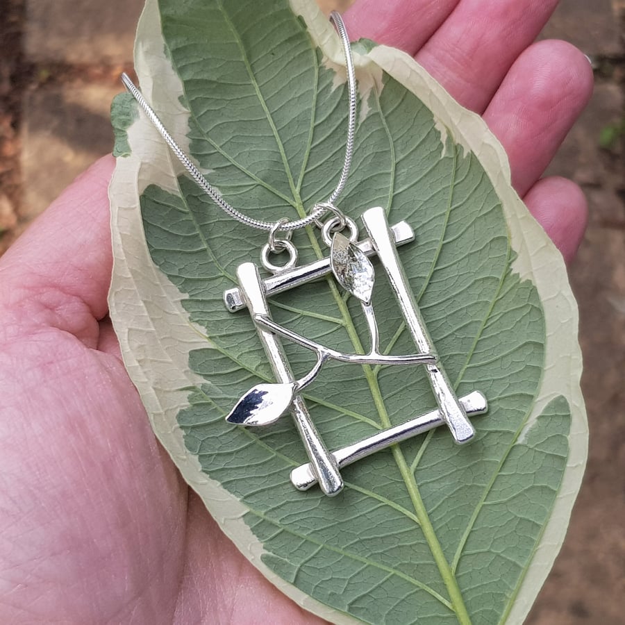 Sterling Silver Branch & Leaves Pendant Necklace