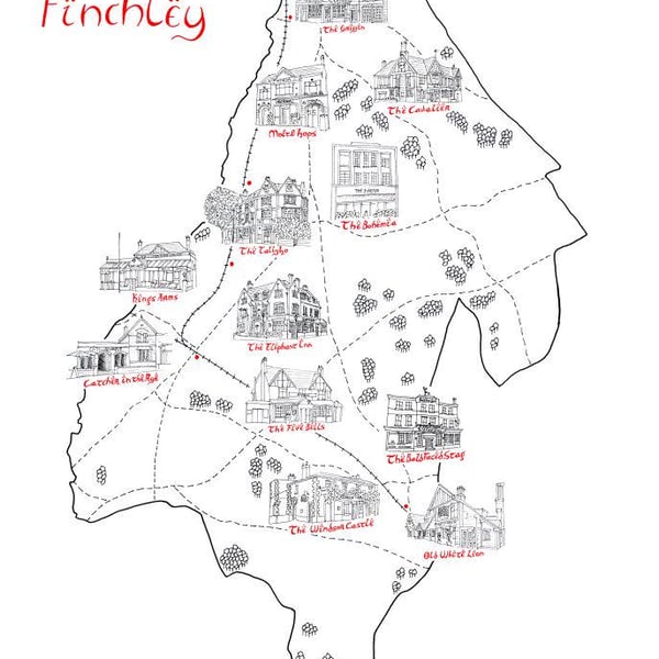 Map of the Pubs of Finchley Hand Drawn Tolkien Style Map Artwork