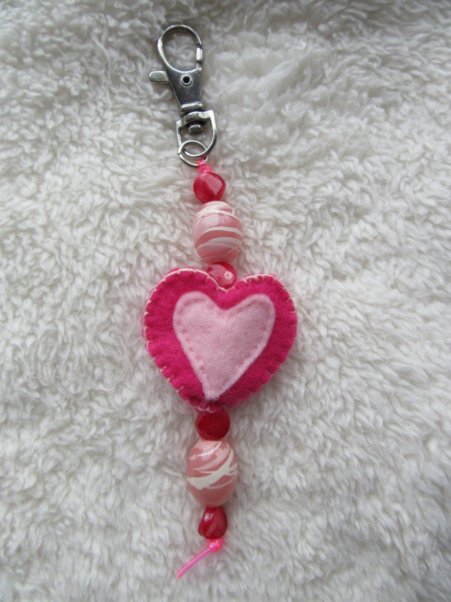 Pink heart bag charm, stocking filler, gift for girls