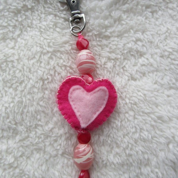Pink heart bag charm, stocking filler, gift for girls