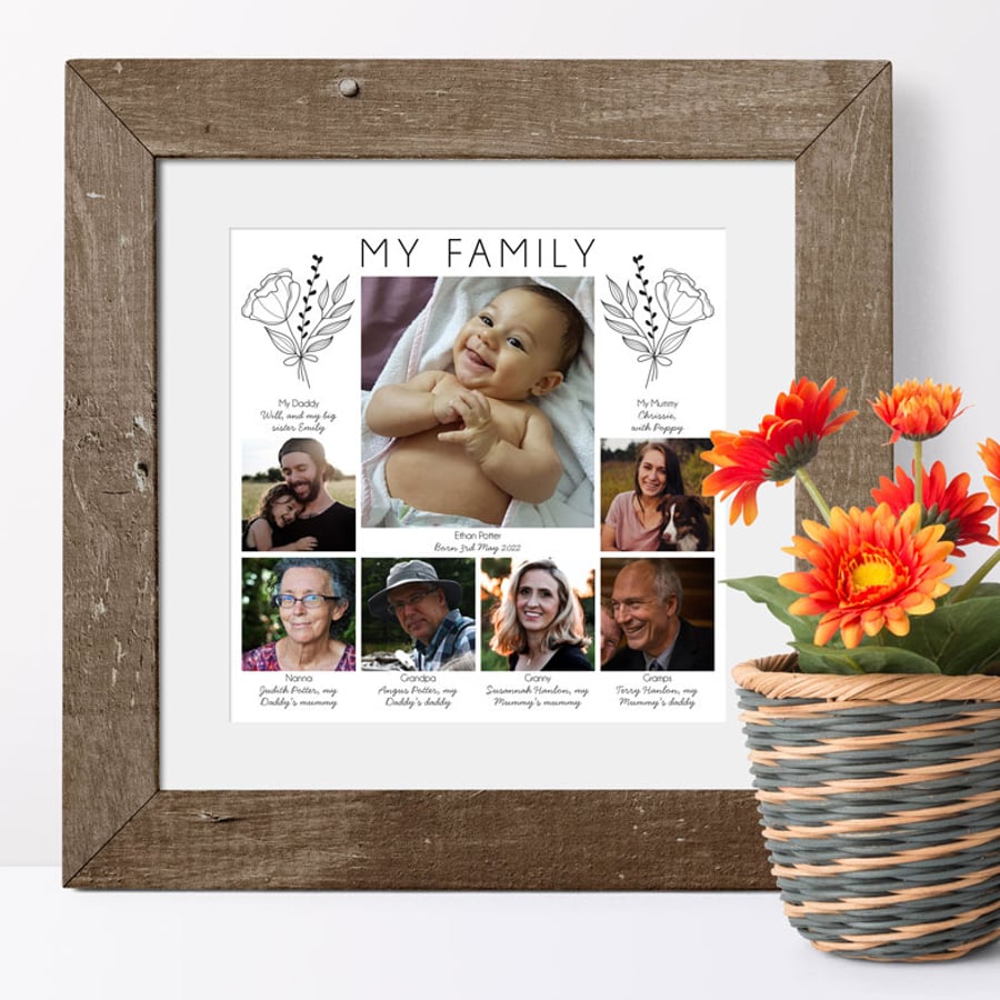 My Family - Personalised New Baby Family Tree Photo Collage Print