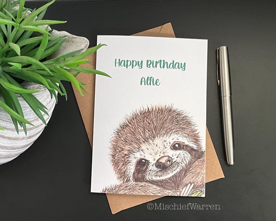 Sloth Art Card - blank or personalised for any occasion; birthday, thank you