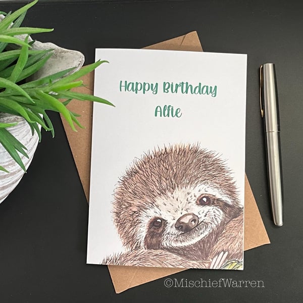 Sloth Art Card - blank or personalised for any occasion; birthday, thank you