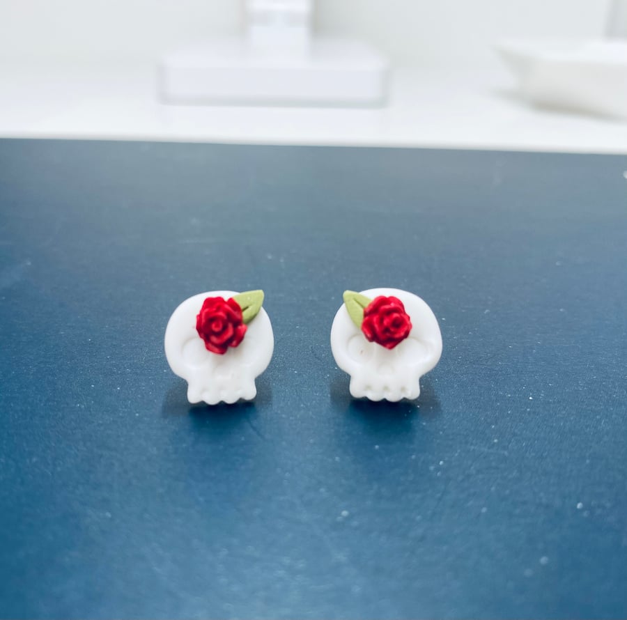 Earrings, polymer clay skull studs, lightweight and hypoallergenic