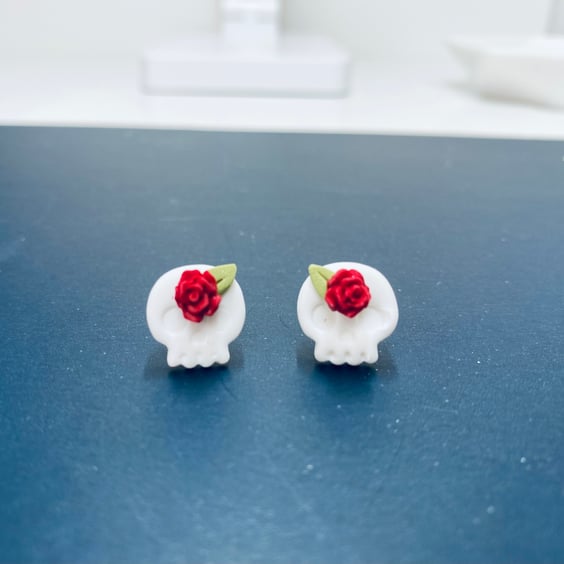 Halloween inspired, skull and rose, hypoallergenic polymer clay stud earrings