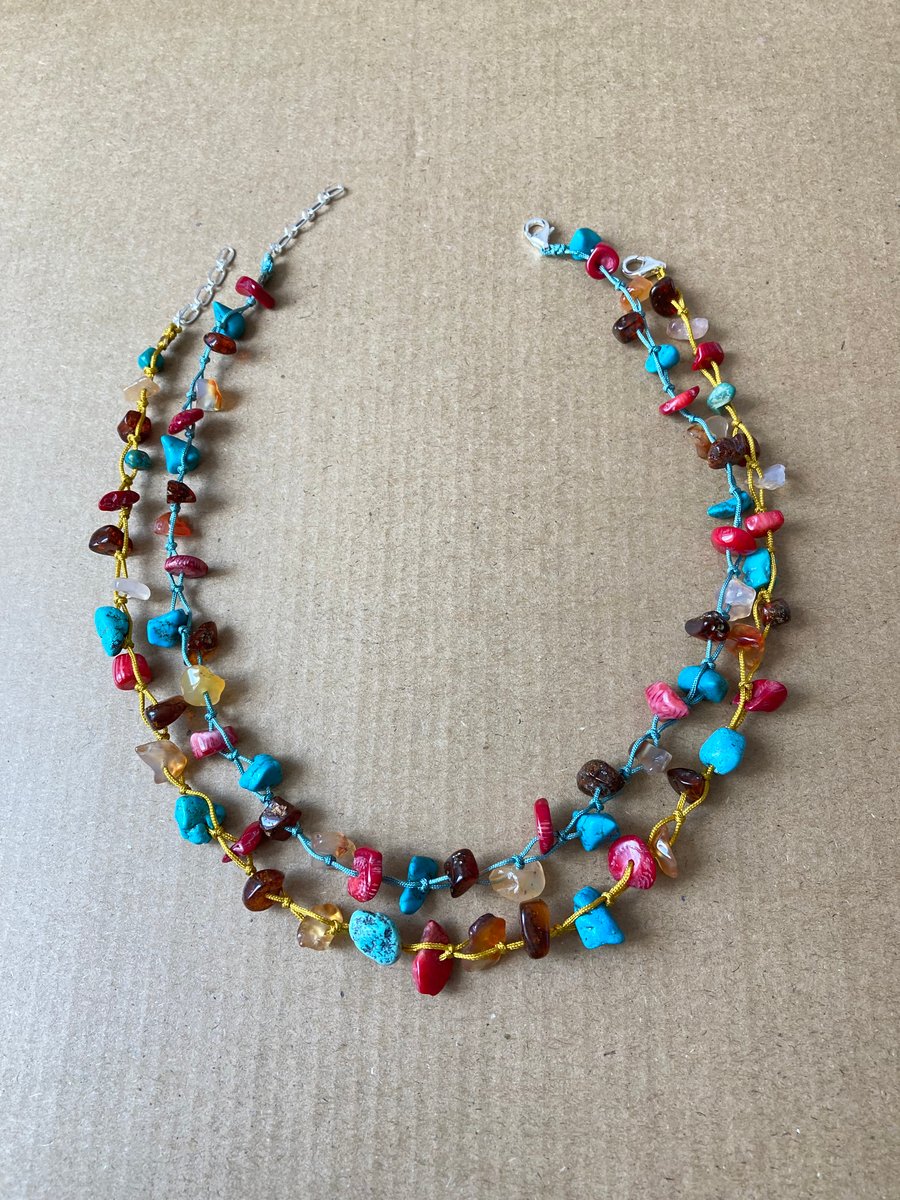 Irregular Shapes amber, Coral, Turquoise and Agate Chips Handmade Necklace 