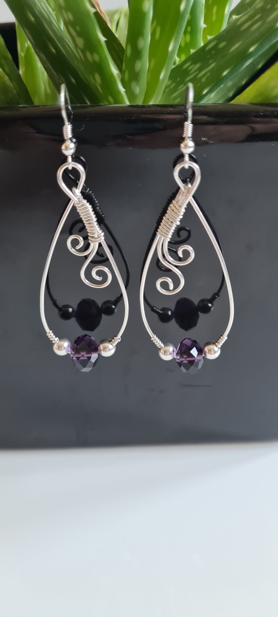Handmade 925 Silver & Purple Glass Beaded Dangle Earrings Gift Boxed Jewellery