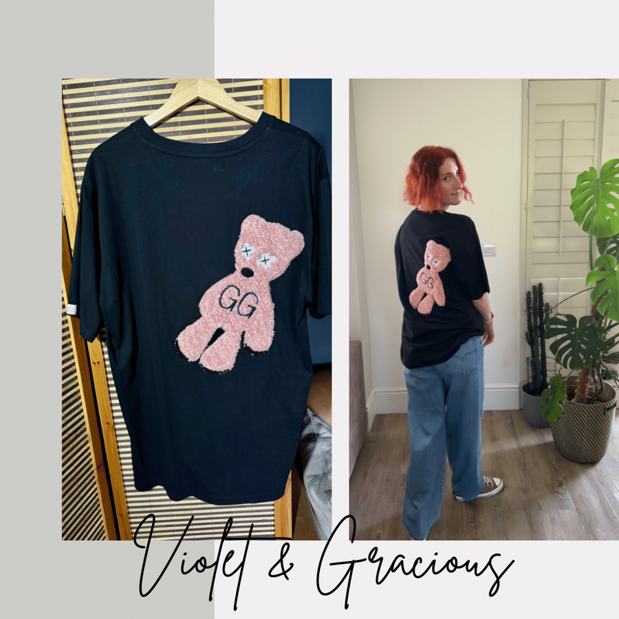 Handmade GG Bear T-shirt . Gaming T-shirt . Black Top . Bear T-shirt . size L