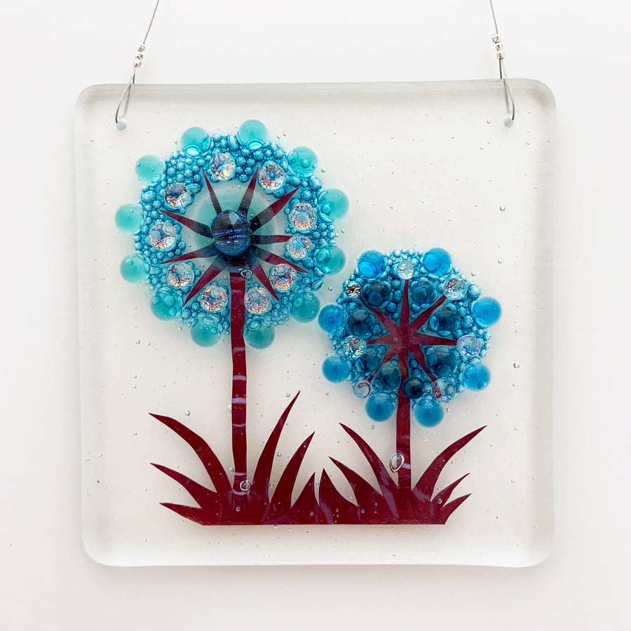 Fused Glass Alliums Square Hanging - Handmade Glass Suncatcher