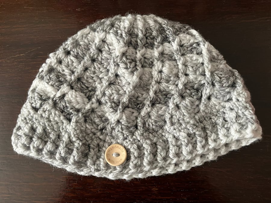 Grey and White Chunky Cosy Swirly Patterned Crocheted Hat 