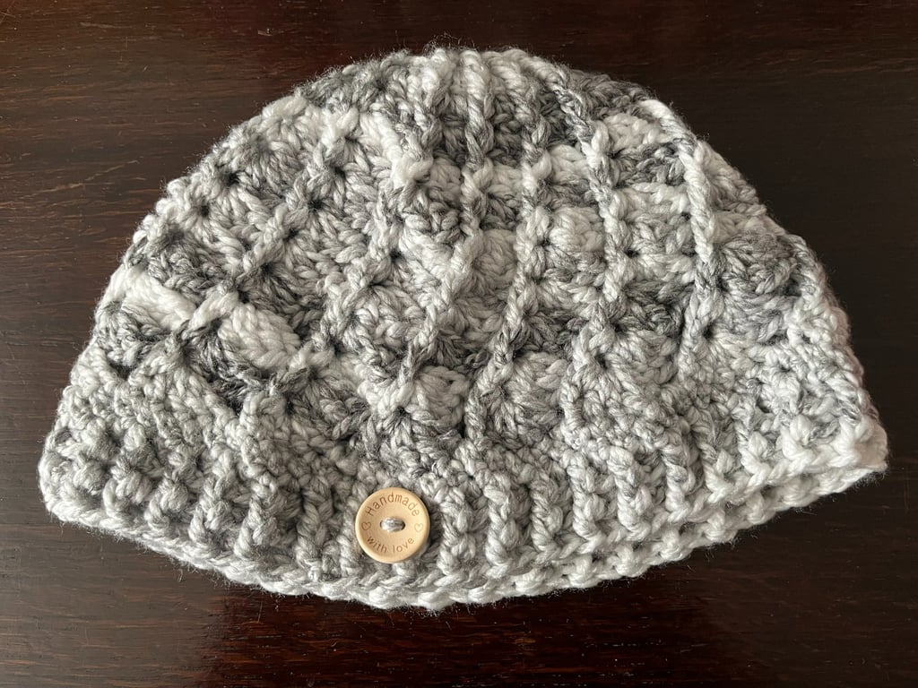 Grey and White Chunky Cosy Swirly Patterned Crocheted Hat 