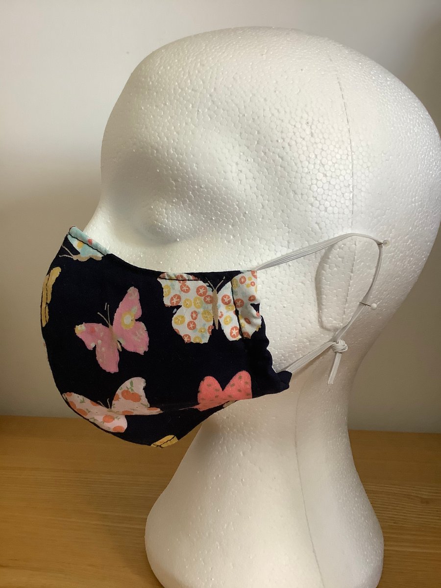 Lovely Navy Butterfly Cotton Face mask, Reusable face mask, face covering.