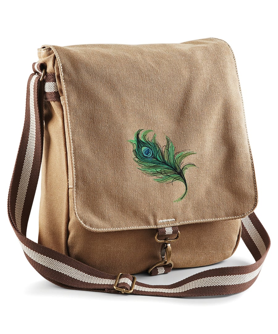 Painted Peacock Feather Embroidered Canvas Field Bag