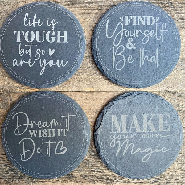 Set of 4 engraved motivational coasters 