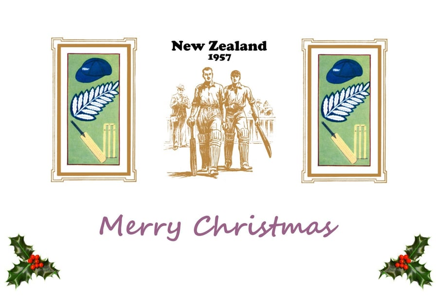 Christmas card cricket vintage 1957 New Zealand badge design. FREE UK P&P