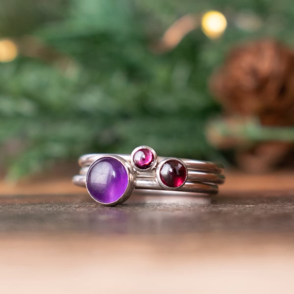 EMPRESS Stacking Ring Set - Sterling Silver Rings Amethyst Garnet