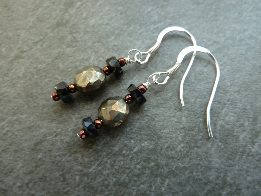 sterling silver earrings, pyrite and black spinel